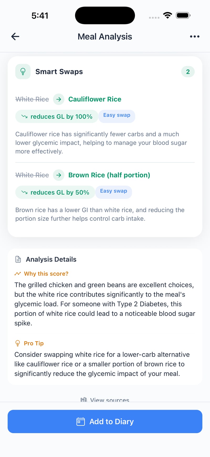 Smart swaps: white rice to cauliflower rice reduces GL by 100%; white rice to a half portion of brown rice reduces GL by 50%; plus why this score and a pro tip